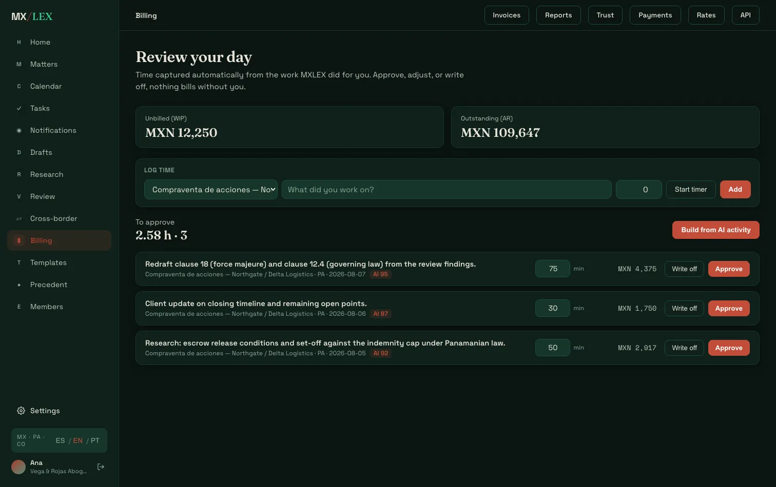 AI time capture and billing in local currency