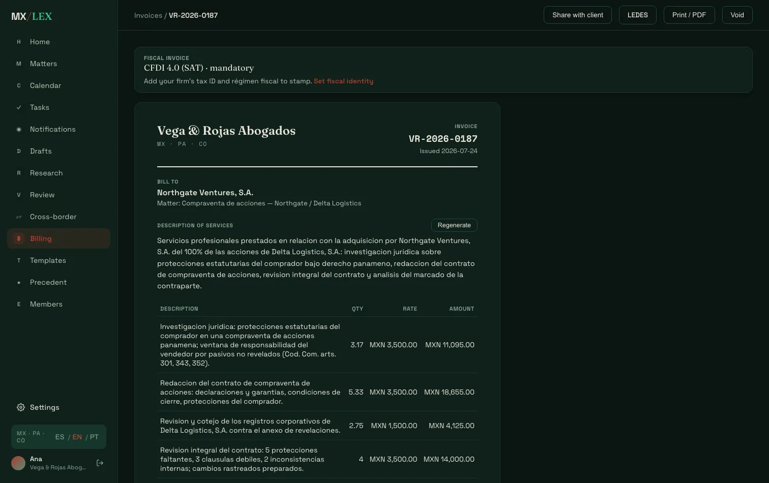 Invoice detail with line items and taxes