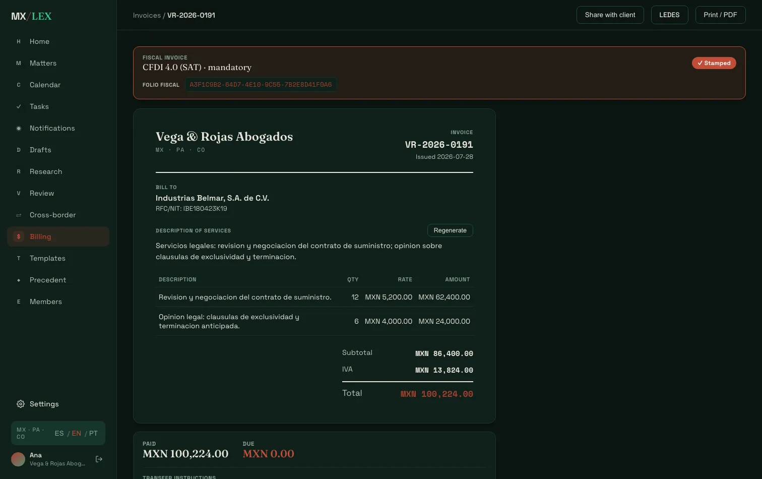 Invoice with a stamped CFDI for Mexico