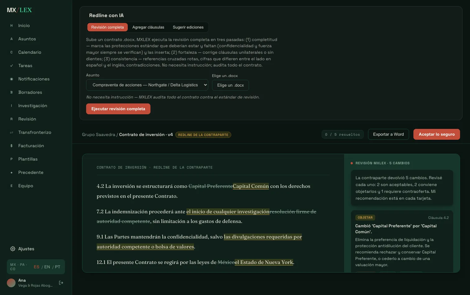 Tracked-changes redline of the counterparty contract with cited recommendations