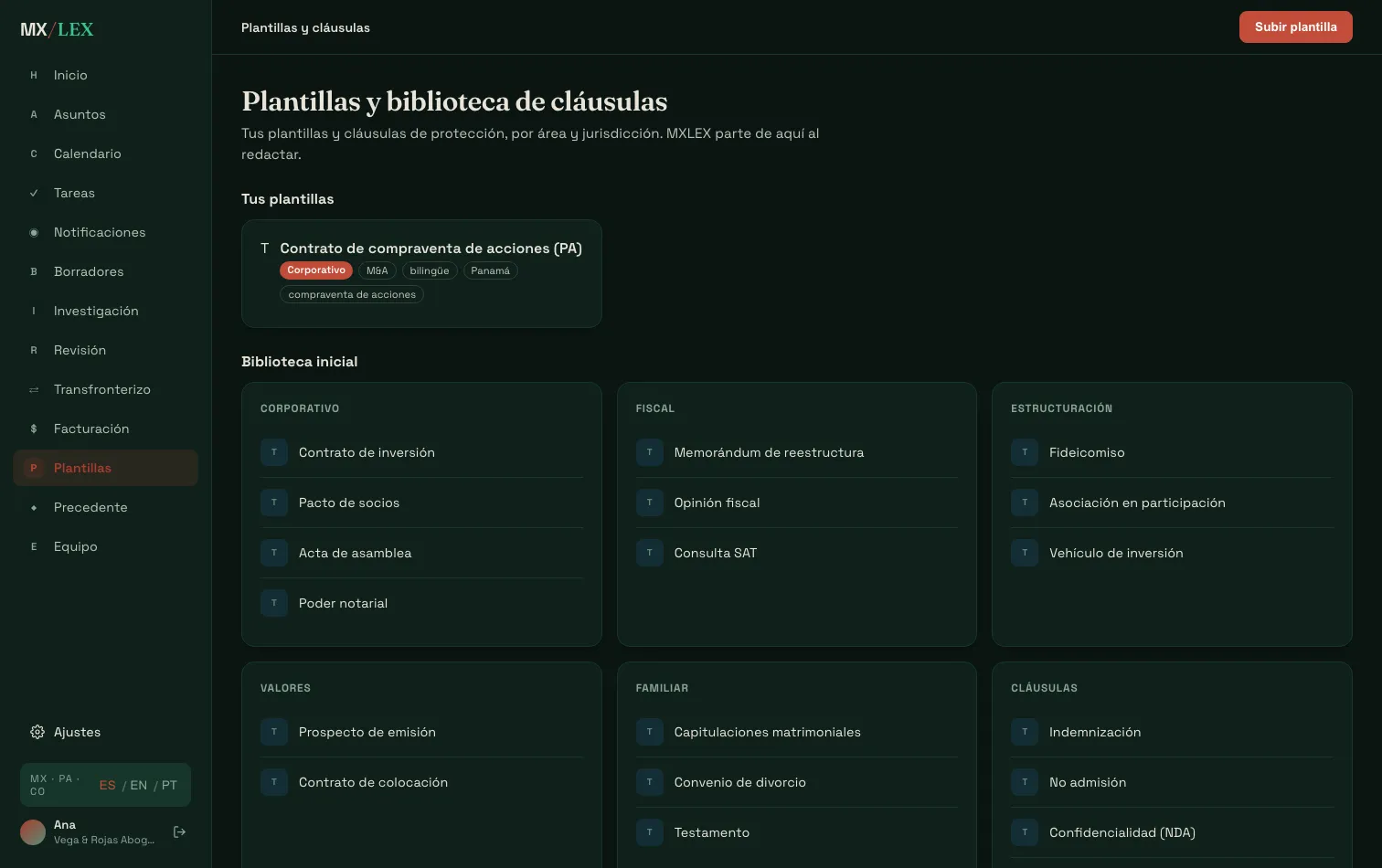 Civil-law template gallery for guided drafting